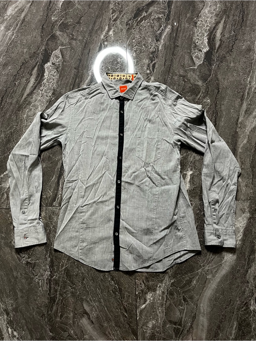 Hugo Boss Orange Label Pinstripe Dress Shirt Mens Medium Black Accent Placket